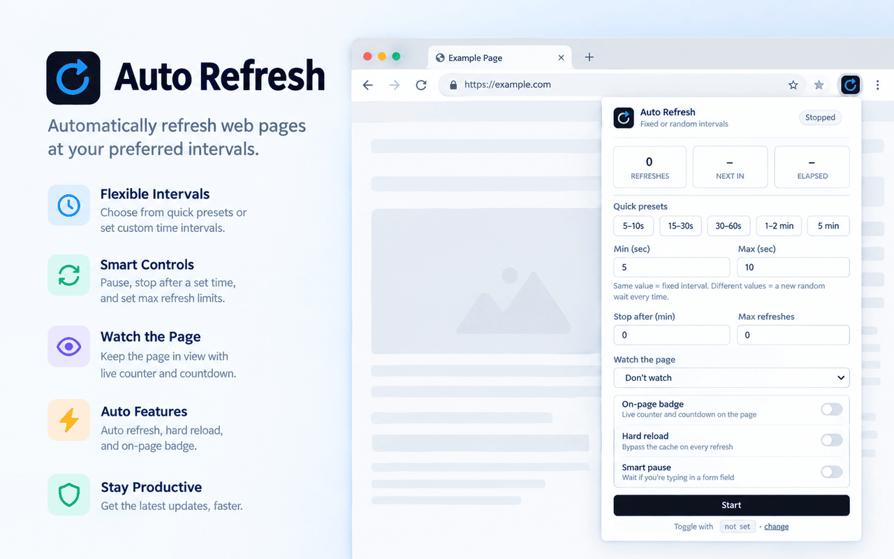 Auto Refresh popup open over a browser tab, showing interval presets, a refresh counter, and watch-page controls